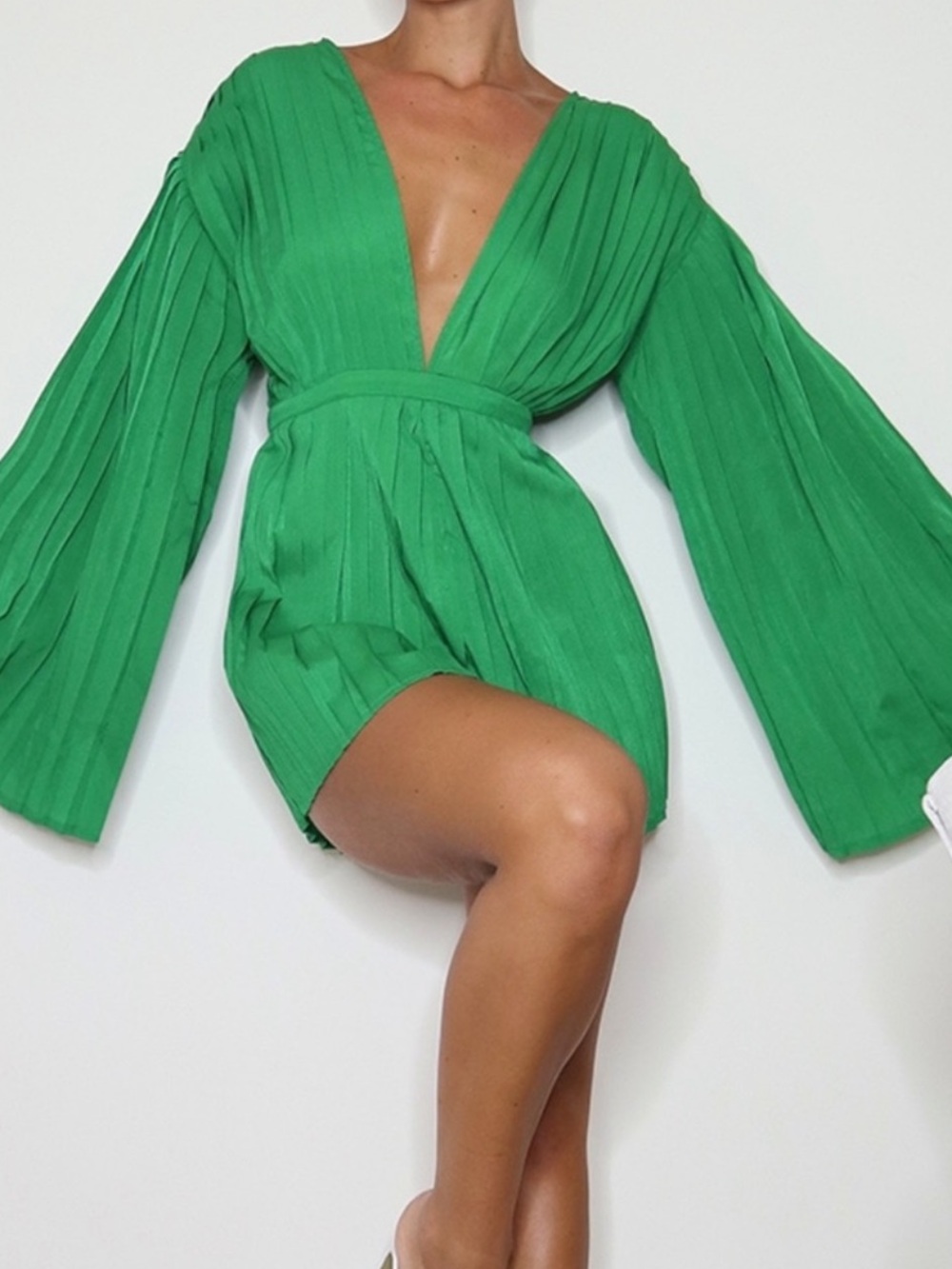 PrettyLittleThing Green Plunge Pleated Romper
